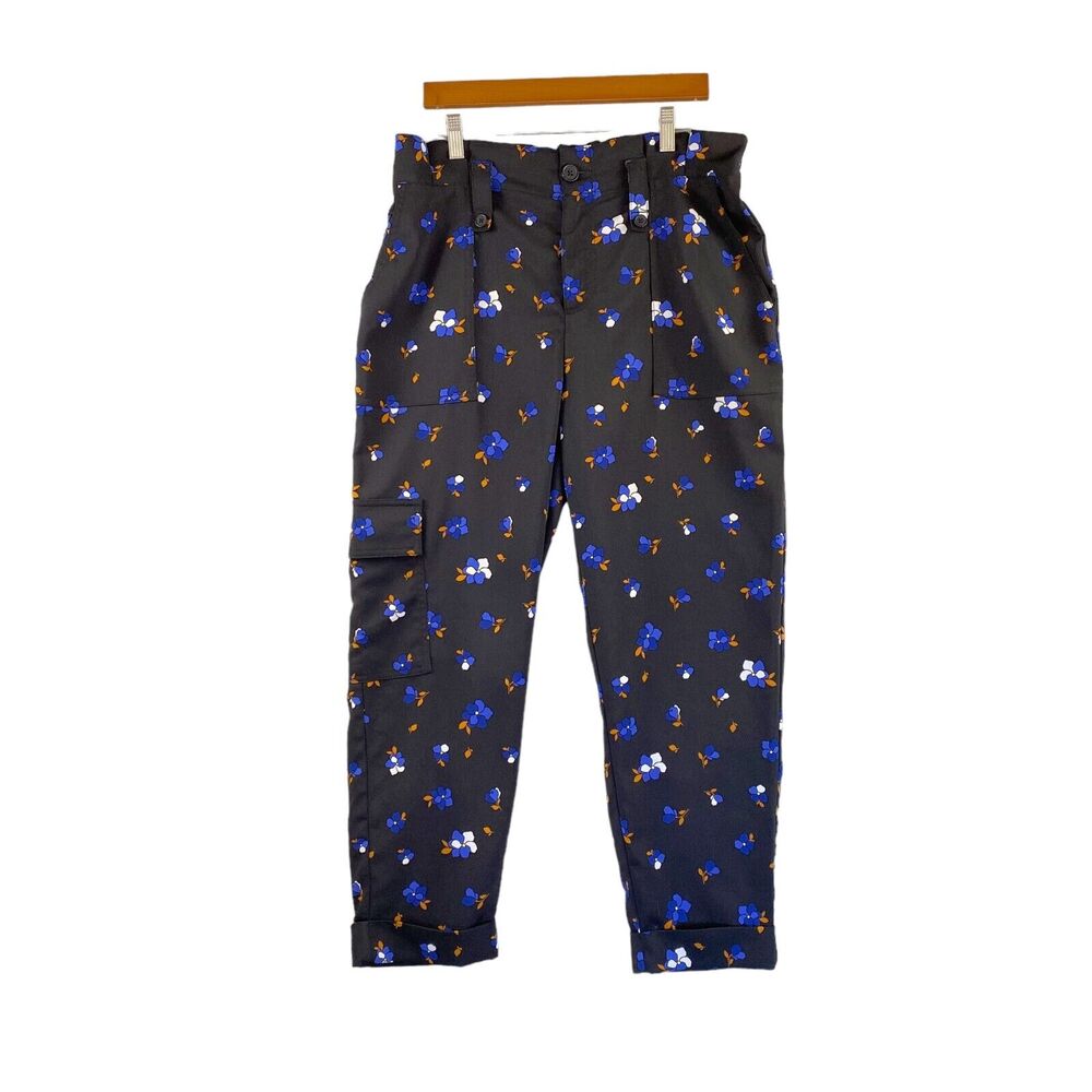 Popsugar Pants Womens Medium Blue Floral Relaxed Fit Tapered Leg Paper Bag Waist